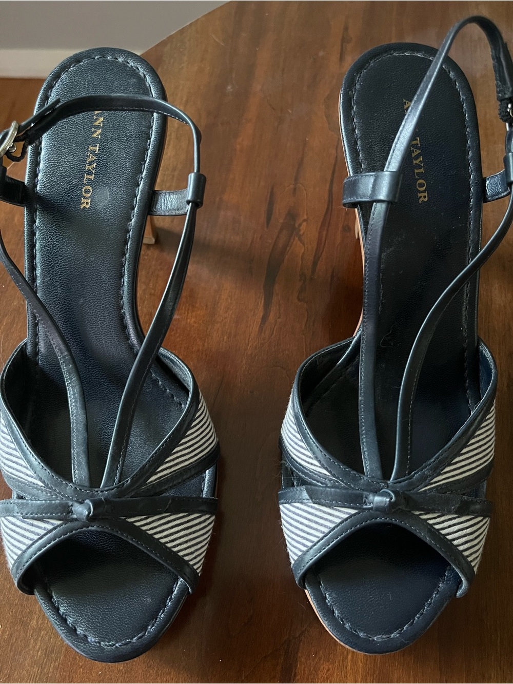 Ann Taylor Navy Strappy Heels with Navy-and-White Striped Toe